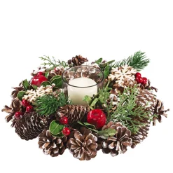 Candle Holder With Red Fruits And Pine Cones