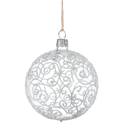 Glass Bauble Clear With Silver Flourishes, 8 Cm