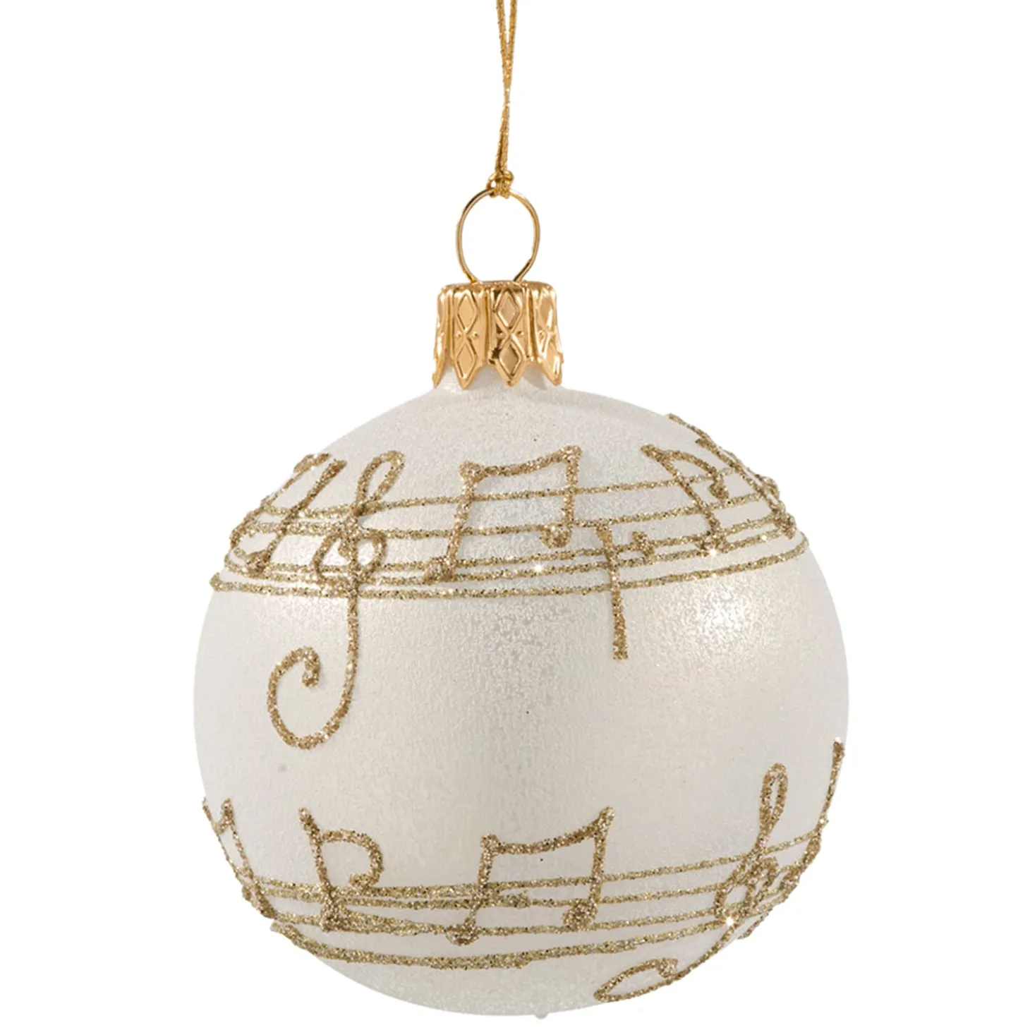 Glass Bauble Cream Colored With Musical Notes, 6 Cm