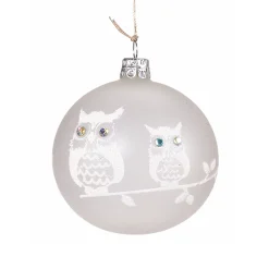 Glass Bauble Frosted White With Two White Owls, 8Cm