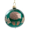 Glass Bauble Green With Hedgehog , 7 Cm