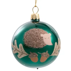 Glass Bauble Green With Hedgehog , 7 Cm