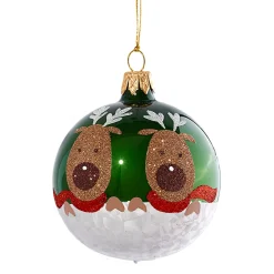 Glass Bauble Green With Reindeers, 7 Cm