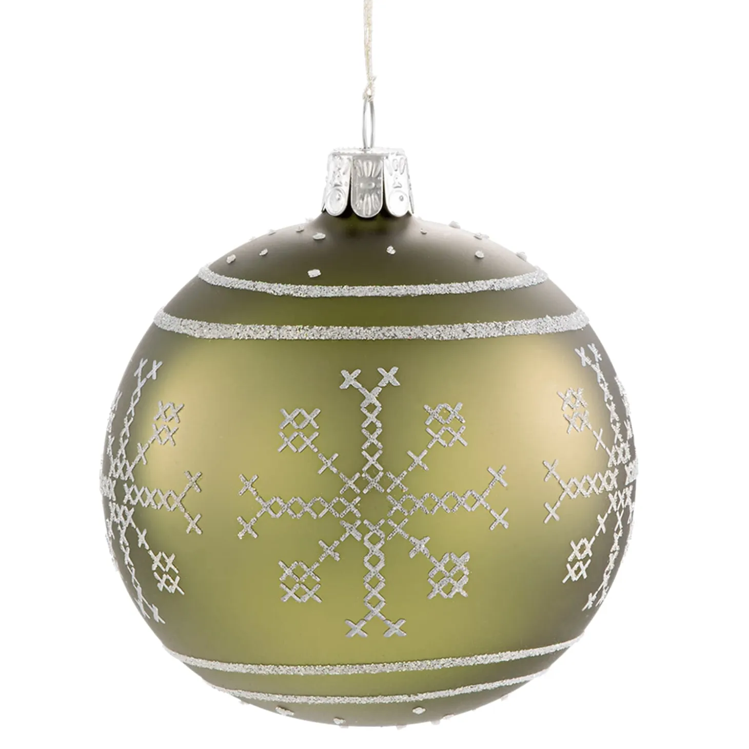Glass Bauble Green With White Pattern, 8 Cm