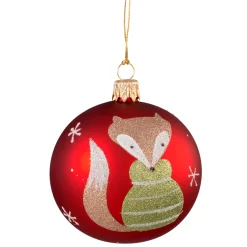Glass Bauble Red With Fox, 7 Cm