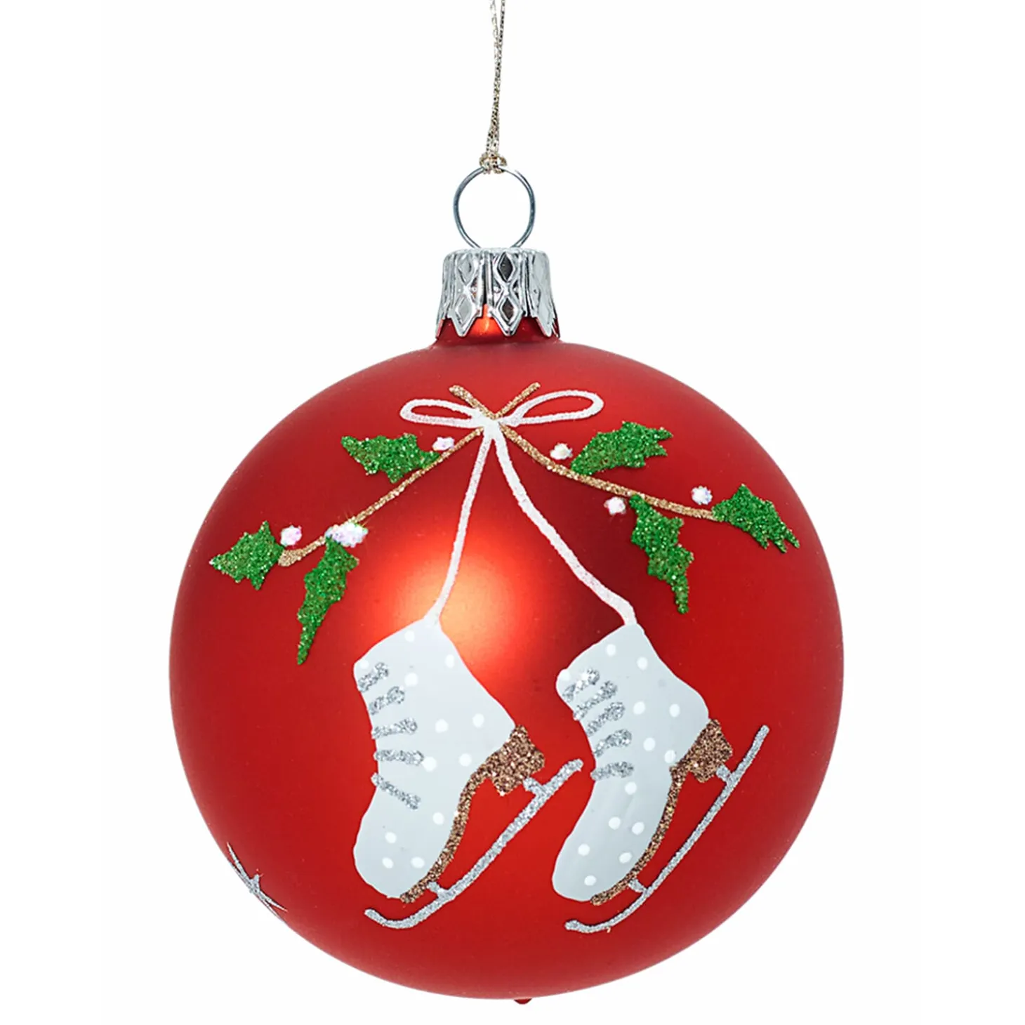Glass Bauble Red With Ice Skates And Mistletoe, 7Cm