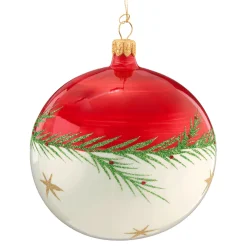 Glass Bauble Red-White With Twig And Stars, 10 Cm