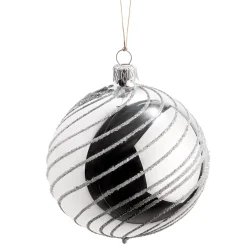 Glass Bauble Silver With Silver Spirals, 8 Cm