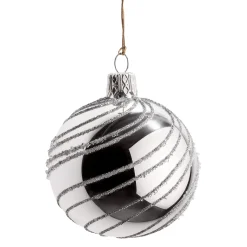 Glass Bauble Silver With Silver Spirals, 6 Cm