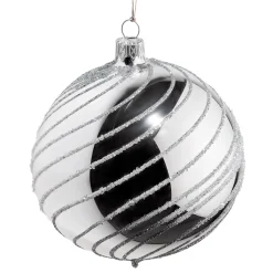 Glass Bauble Silver With Silver Spirals, 10 Cm