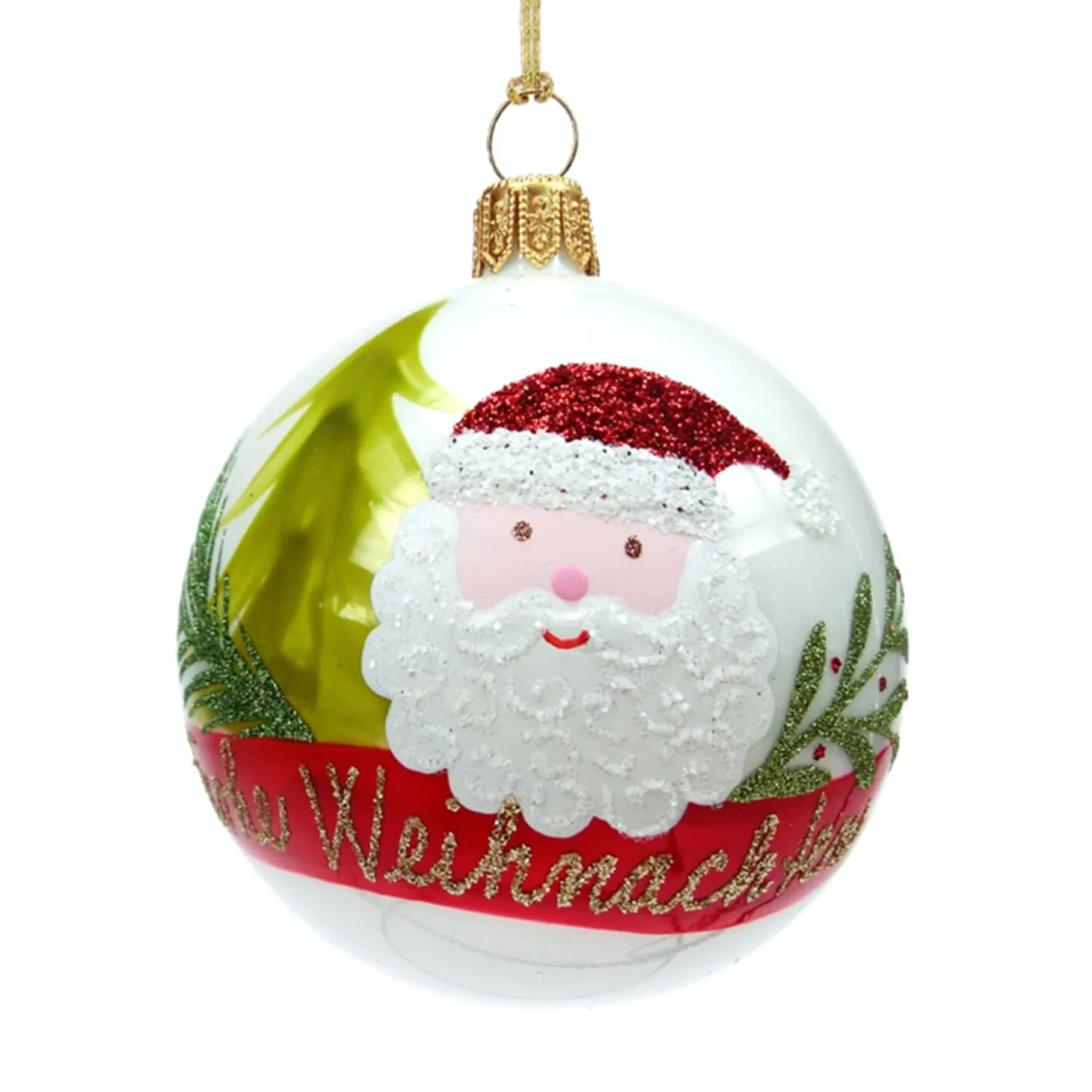 Glass Bauble White Opal With Santa Claus, 7 Cm