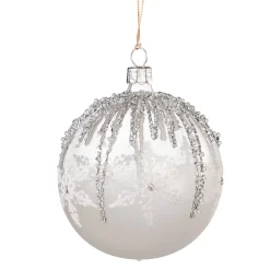 Glass Bauble White With Silver Decor, 8 Cm