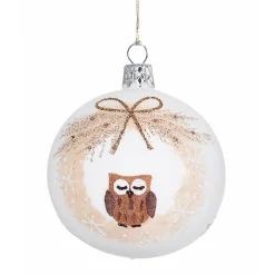 Glass Bauble White With Wreath And Owl, 7Cm