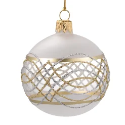 Glass Bauble White/Clear With Gold Silver Decorations, 6 Cm