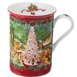 Porcelain Mug "Christmas Village", Red